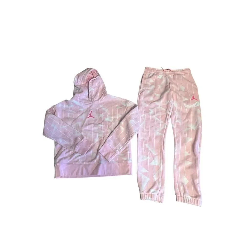 Jordan Essentials Girls Large Pullover Hoodie & Pants set pink white geometric